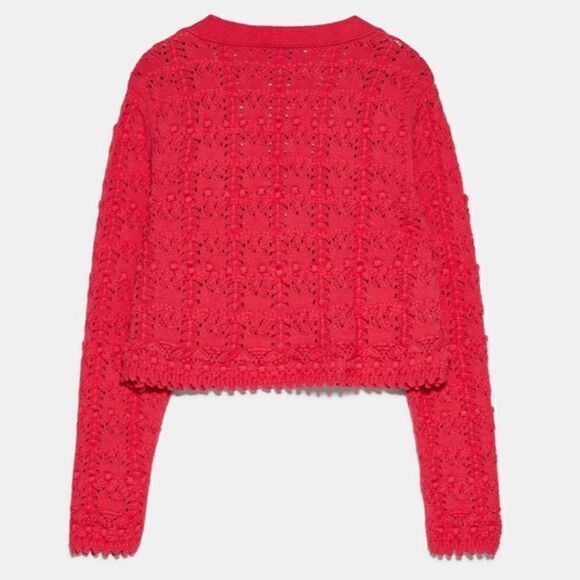 Zara Pink Crochet Cropped Long Sleeve Cardigan Bright Pink Gems Size Medium - Picture 2 of 11